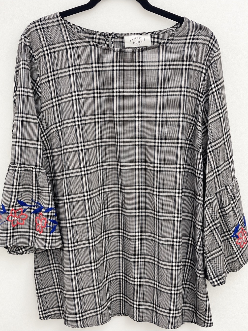 Janette Plus Black & White Plaid Tunic with Blue & Red Embroidery